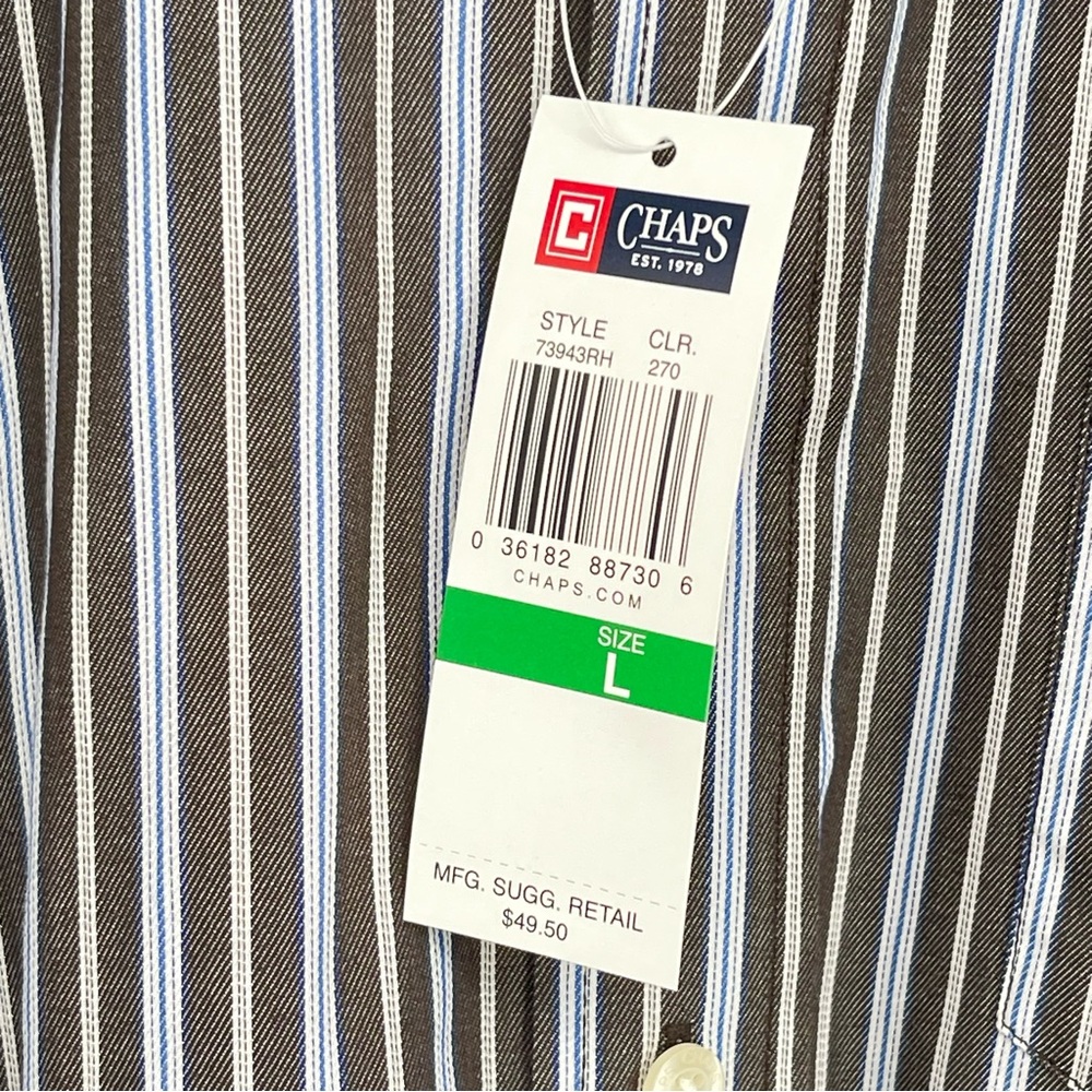 New CHAPS Button-Down Mens Large 100% Cotton Long Sleeve Grey Blue White Stripes - Picture 3 of 14